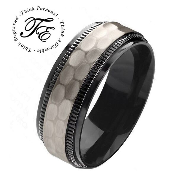 Men's Hammered Titanium Promise Ring Band - Black and Silver Hammered Titanium - Picture 1 of 8